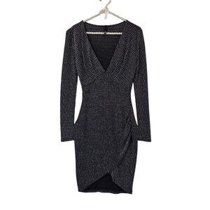 Women’s Black Metallic Bodycon Dress V-Neck Long Sleeve Ruched  Stretche Size S